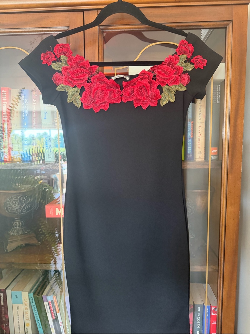 Charlotte Russe Black Midi Dress with Red Floral Applique